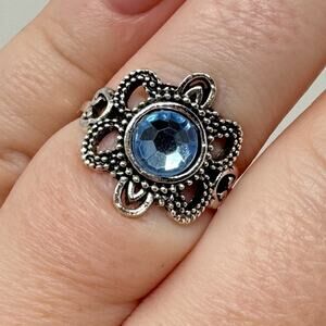 Vintage Style Boho Faux Aquamarine Beaded Cut Out Silver Tone Ring NEW